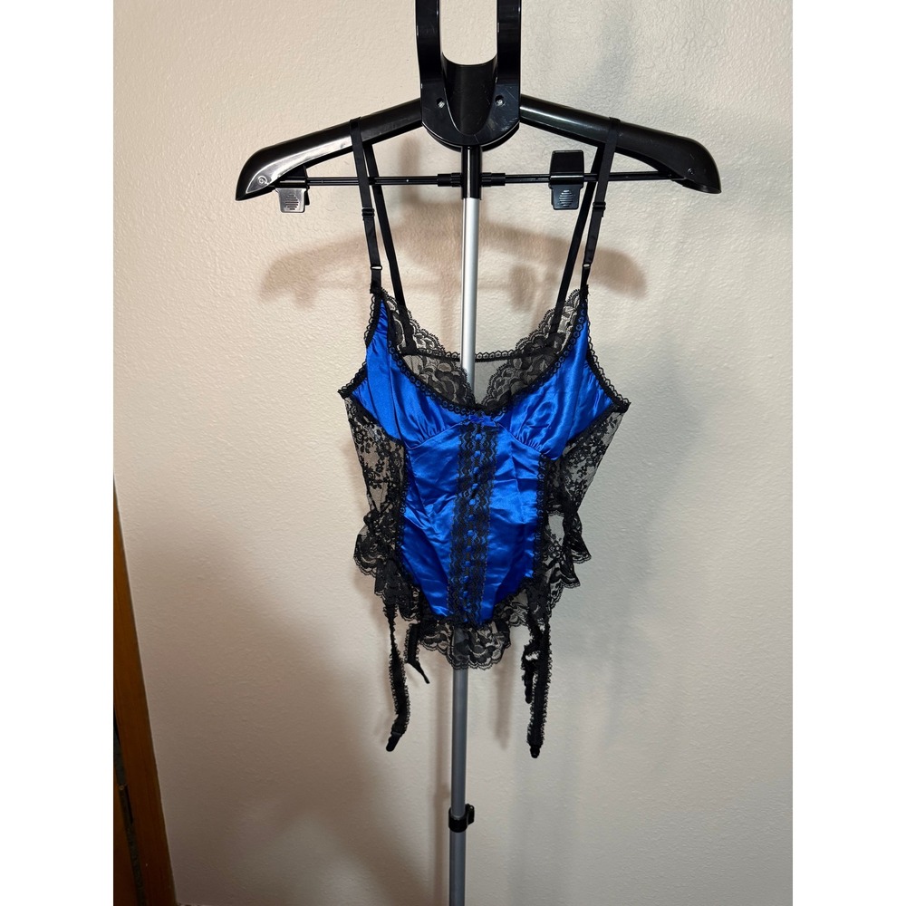 Alana Gale Royal Blue Satin Black Lace Garter‎ Camisole Vintage Style Lingerie